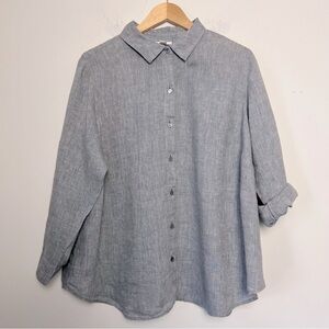 J.Jill Love Linen Gray Blue Button-Up Relaxed Fit Classic Shirt Staple Coastal
